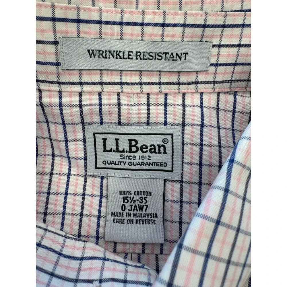 LL Bean Wrinkle Resistant Shirt 15.5-35 Pink Blue Check Plaid Cotton Button Down